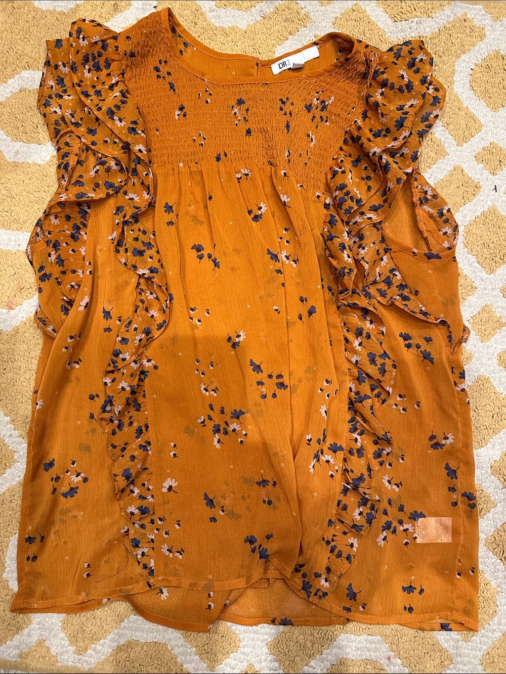 DR2 Burnt Orange Floral Ruffled Sleeve Blouse